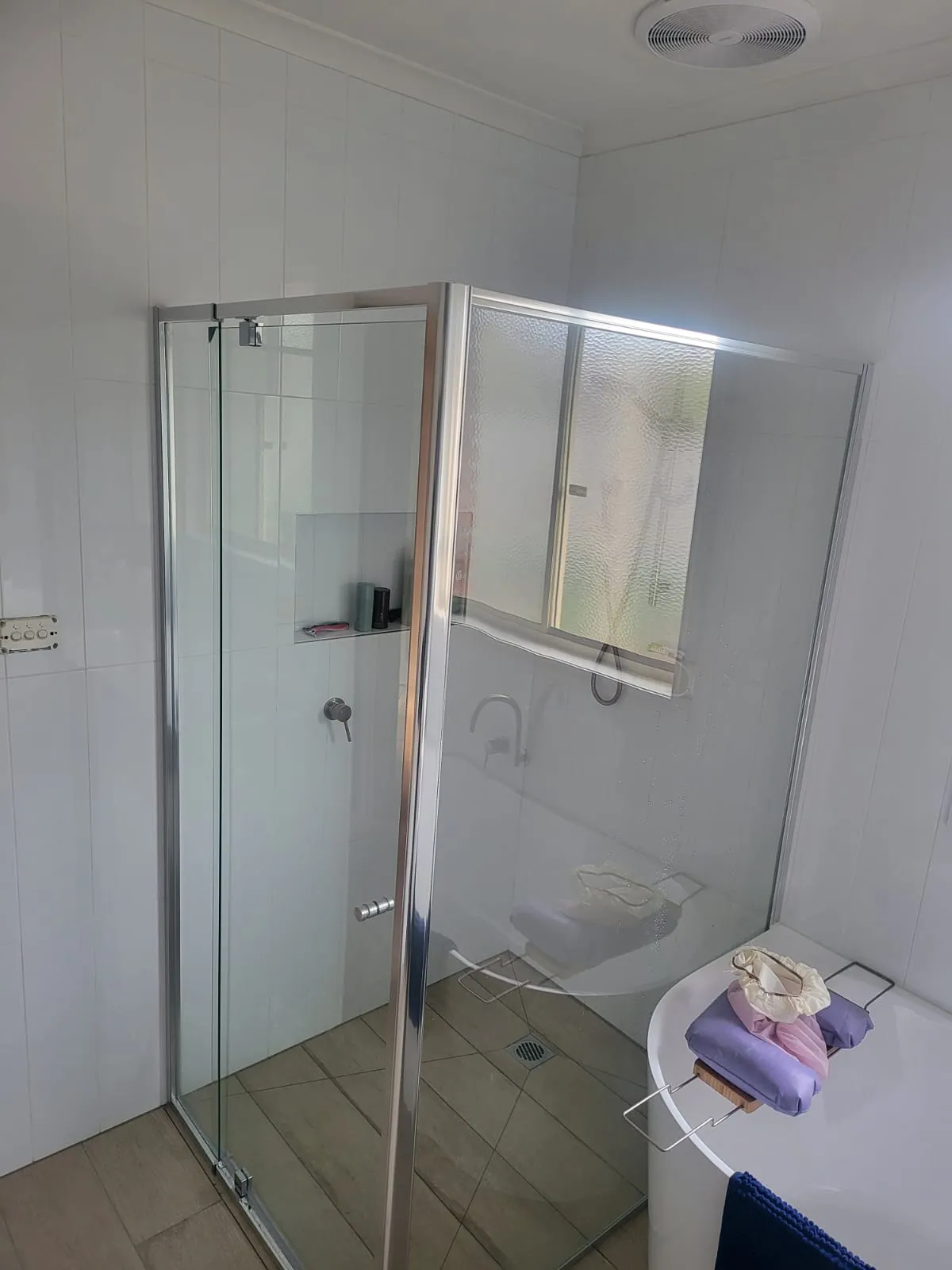 Frameless glass shower screen in the Keilor East bathroom
